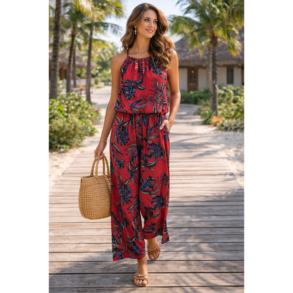 Women’s Tropical Print Wide Leg Jumpsuit S/M Flowy Resort Vacation Palazzo Pants